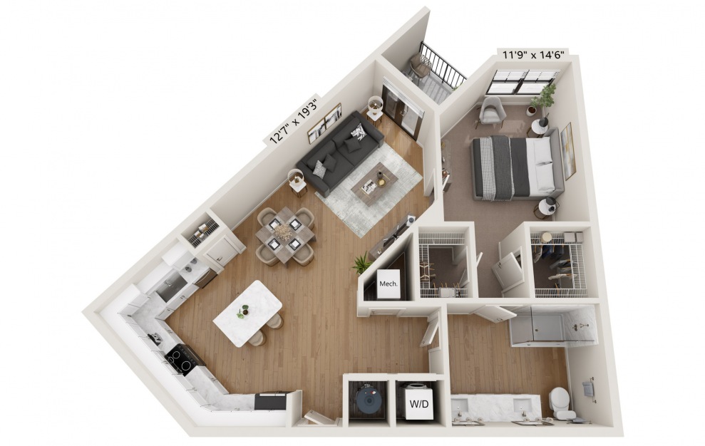 A1 - 1 bedroom floorplan layout with 1 bath and 931 square feet. (A1)