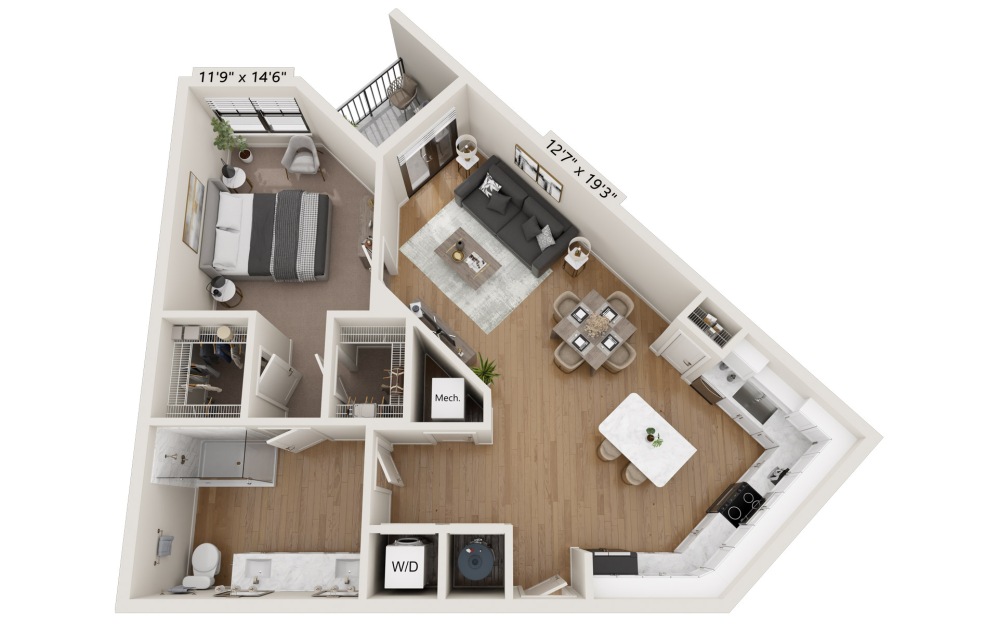 A1 - 1 bedroom floorplan layout with 1 bathroom and 931 square feet (A1 Reversed)