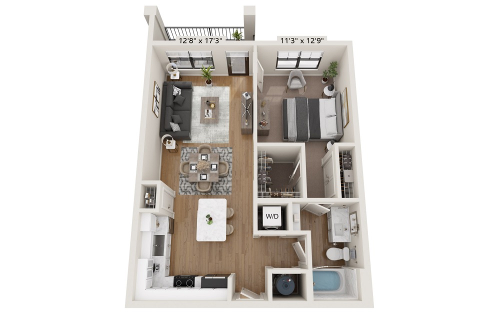 A2 - 1 bedroom floorplan layout with 1 bathroom and 781 square feet (A2 Reversed)