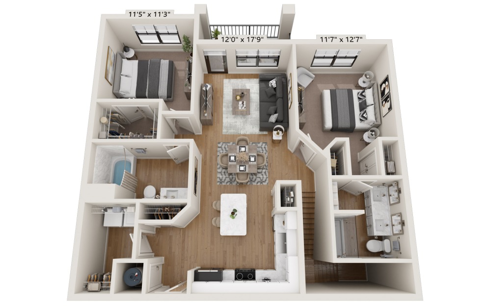 B1G - 2 bedroom floorplan layout with 2 bathrooms and 1177 square feet (B1G Reversed)