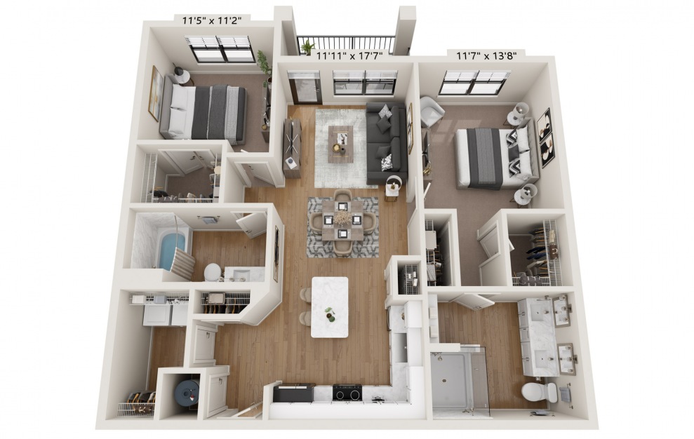 B2 - 2 bedroom floorplan layout with 2 baths and 1179 square feet. (B2)