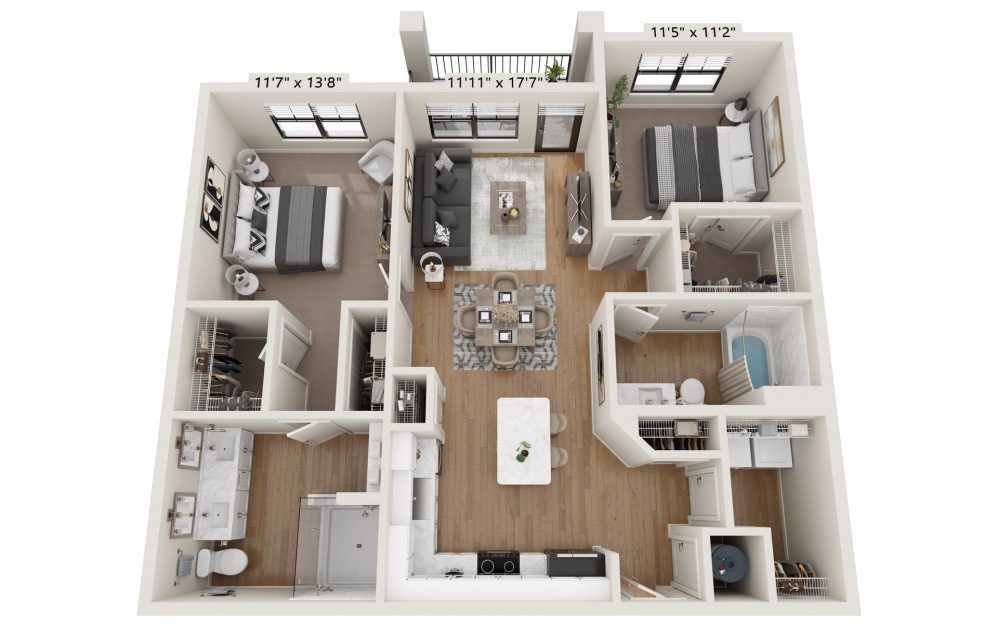 B2 - 2 bedroom floorplan layout with 2 bathrooms and 1179 square feet (B2 Reversed)