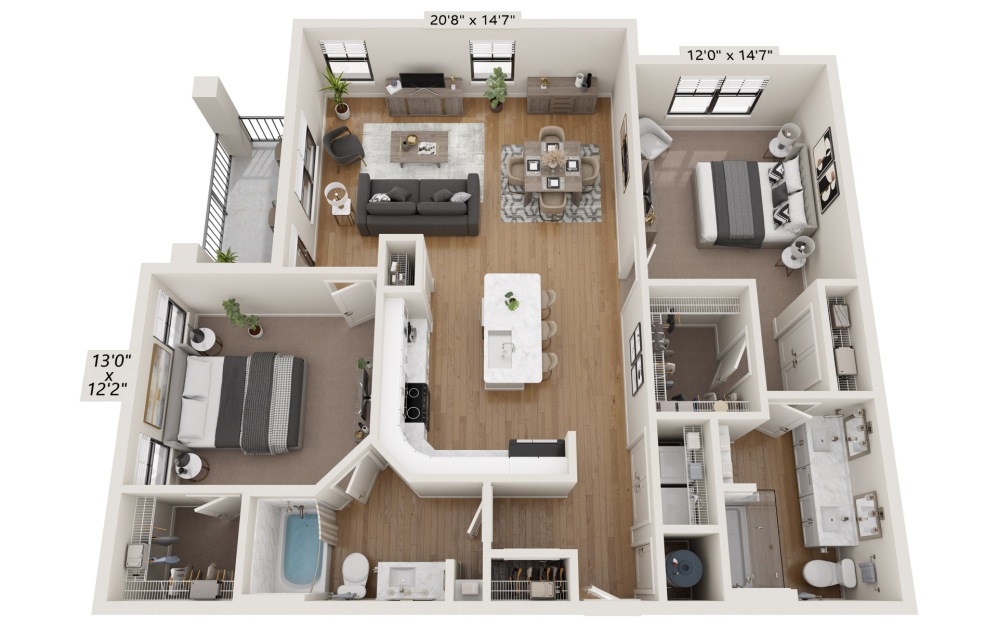 B3 - 2 bedroom floorplan layout with 2 bathrooms and 1322 square feet (B3 Reversed)