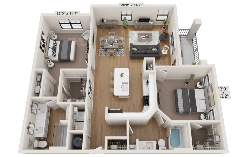 B3 - 2 bedroom floorplan layout with 2 baths and 1322 square feet. (B3)