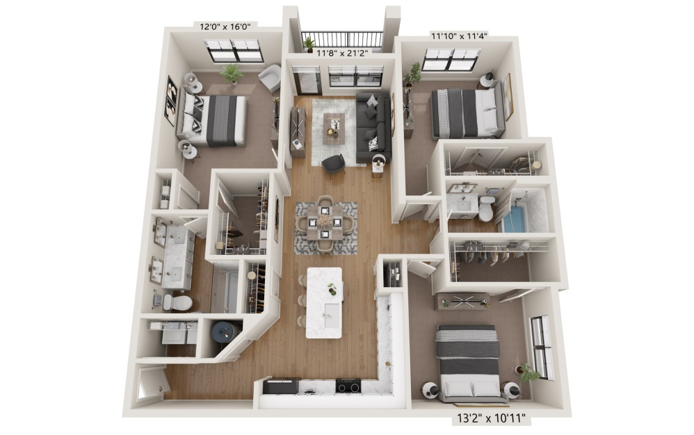 C1 - 3 bedroom floorplan layout with 2 bathrooms and 1449 square feet (C1
)