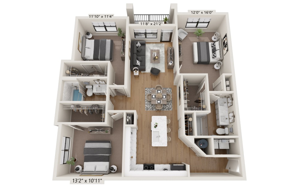 C1 - 3 bedroom floorplan layout with 2 bathrooms and 1449 square feet (C1 Reversed)