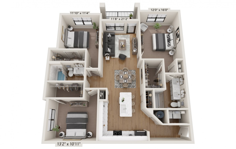 C1 - 3 bedroom floorplan layout with 2 baths and 1449 square feet. (C1 Reversed)