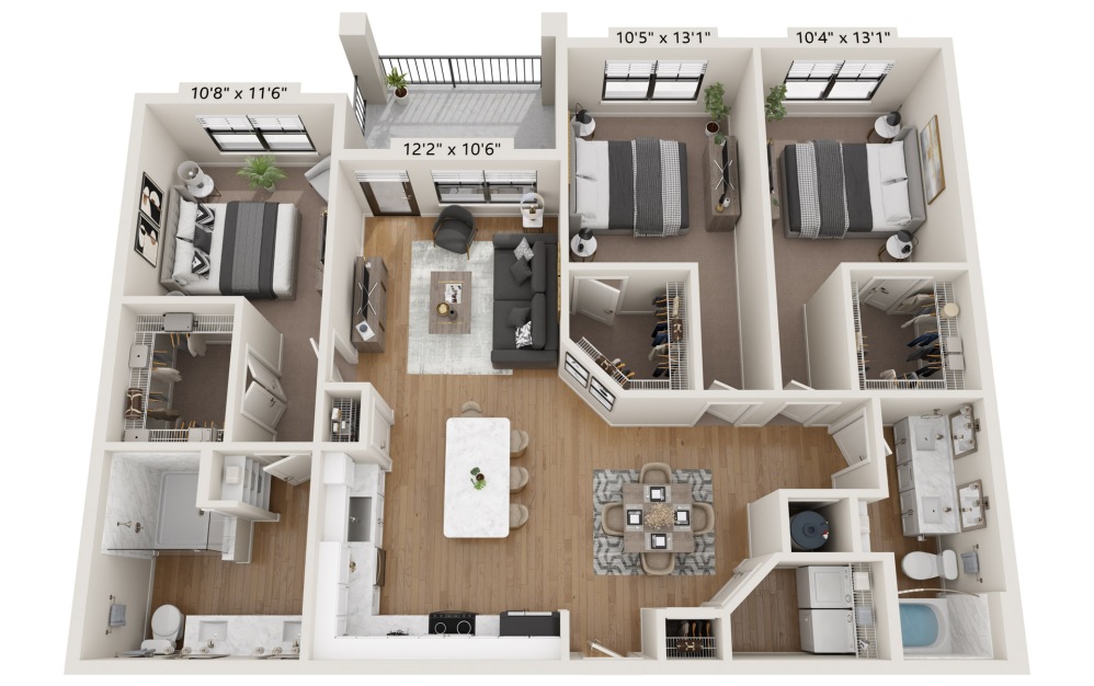 C2 - 3 bedroom floorplan layout with 2 bathrooms and 1459 square feet