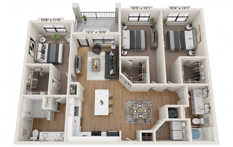 C2 - 3 bedroom floorplan layout with 2 baths and 1459 square feet.